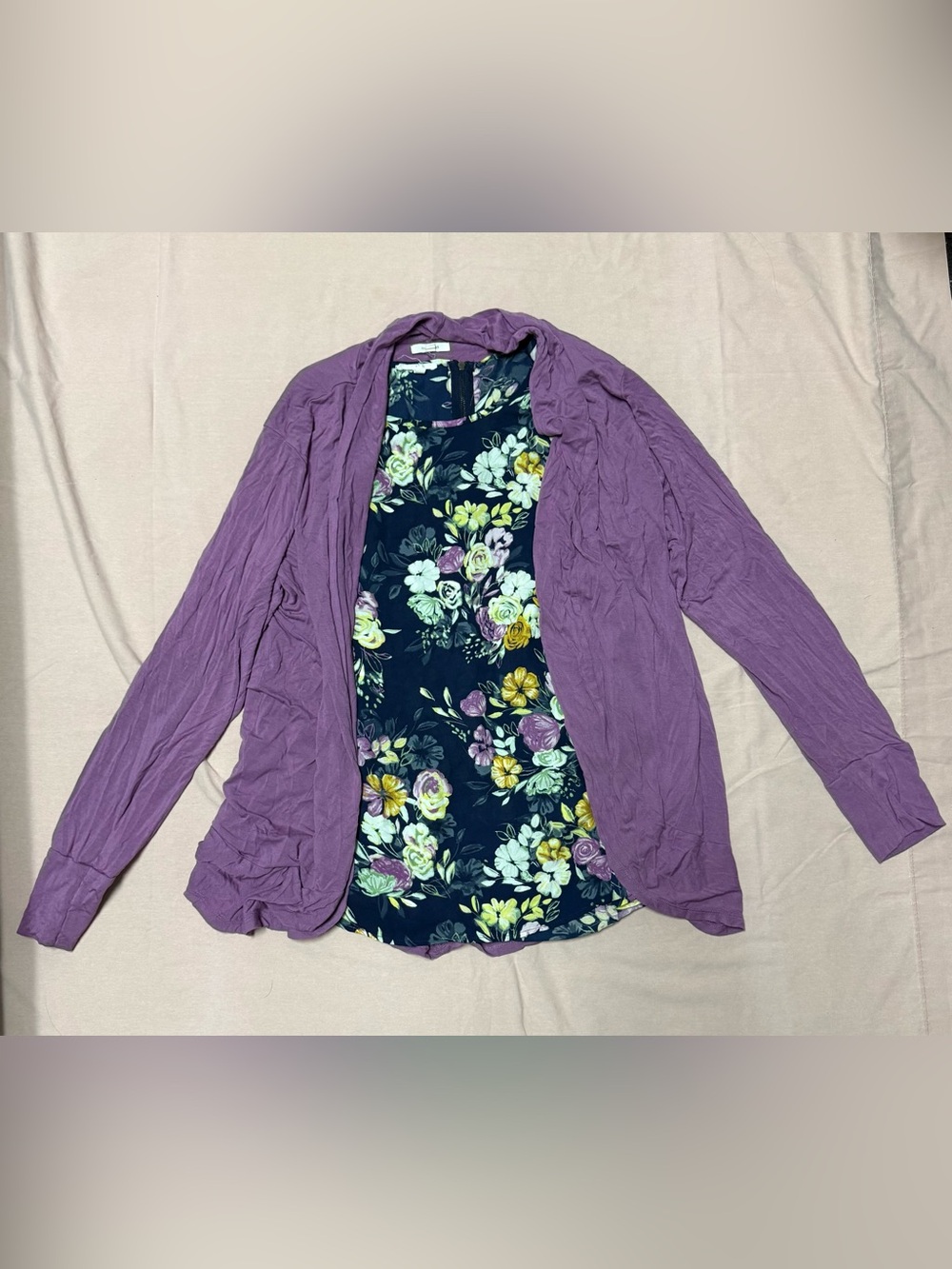 Maurices Purple Open-Front Cardigan with Floral Navy Shell
